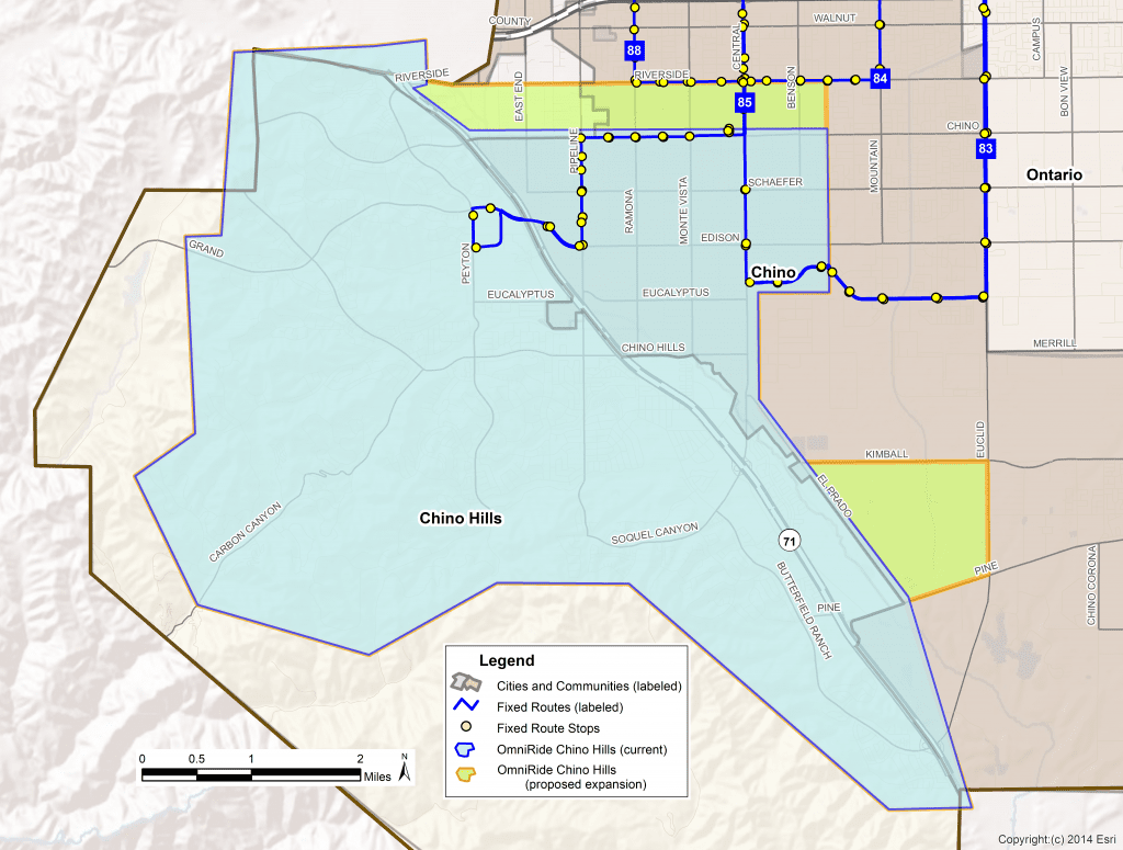Map showing the proposed boundary expansion for OmniRide Chino/Chino Hills.