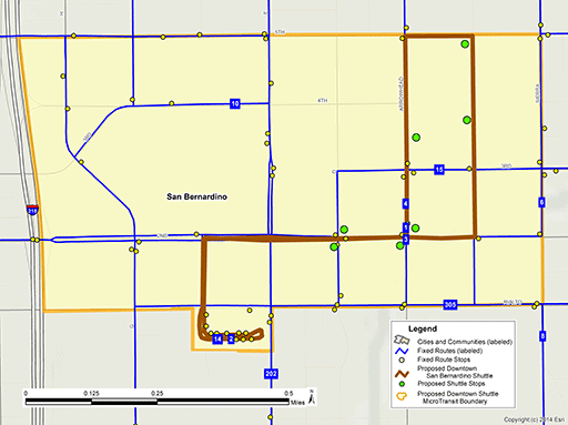 Map of proposed shuttle between San Bernardino Transit Center and downtown San Bernardino.