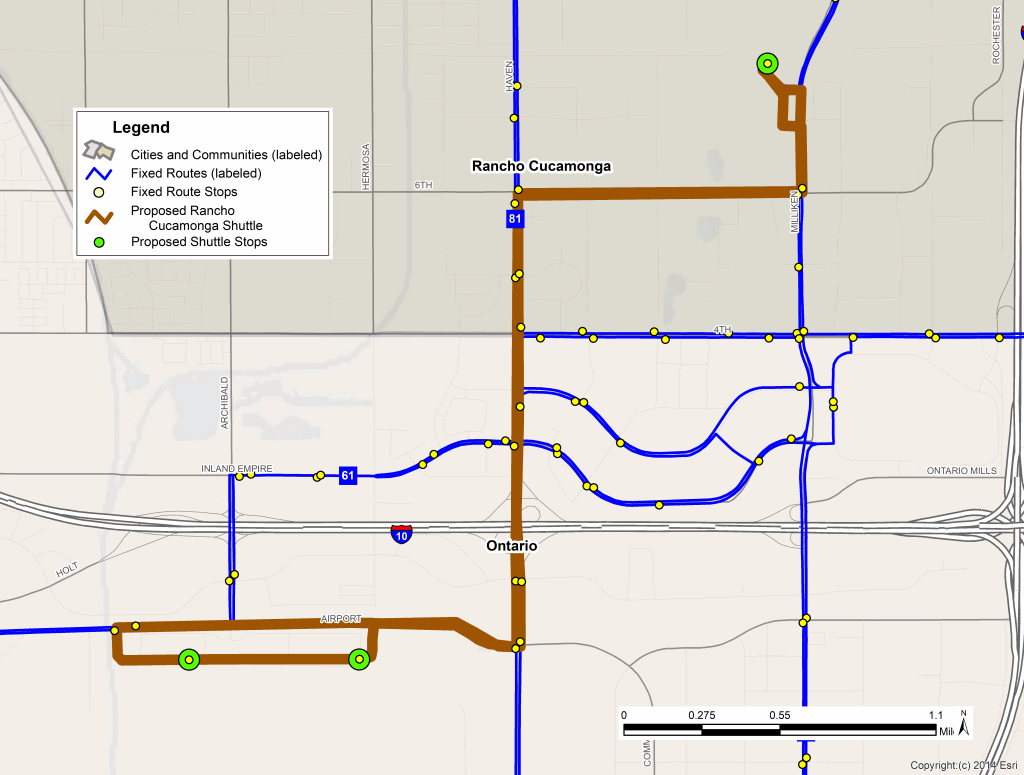 Map of proposed shuttle between Rancho Cucamong Metrolink and Ontario International Airport.